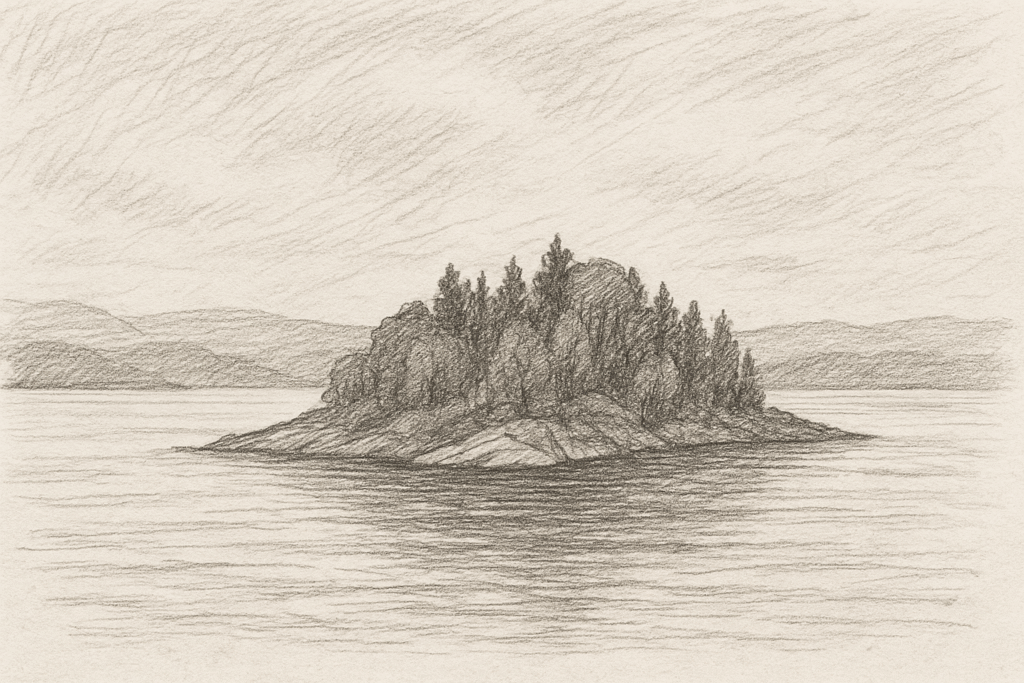 skitseret billede af øren Utøya