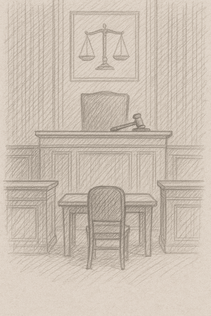 skitseret billede af en retssal 